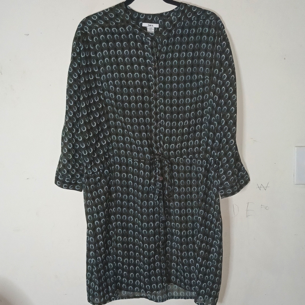 Bar III Womens Green Dress Button Long Sleeve Mini Drawstring Size Medium